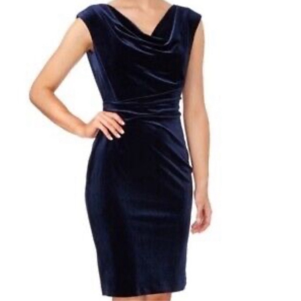 VINCE CAMUTO Dress Navy Blue Stretch Velvet Drapped Front